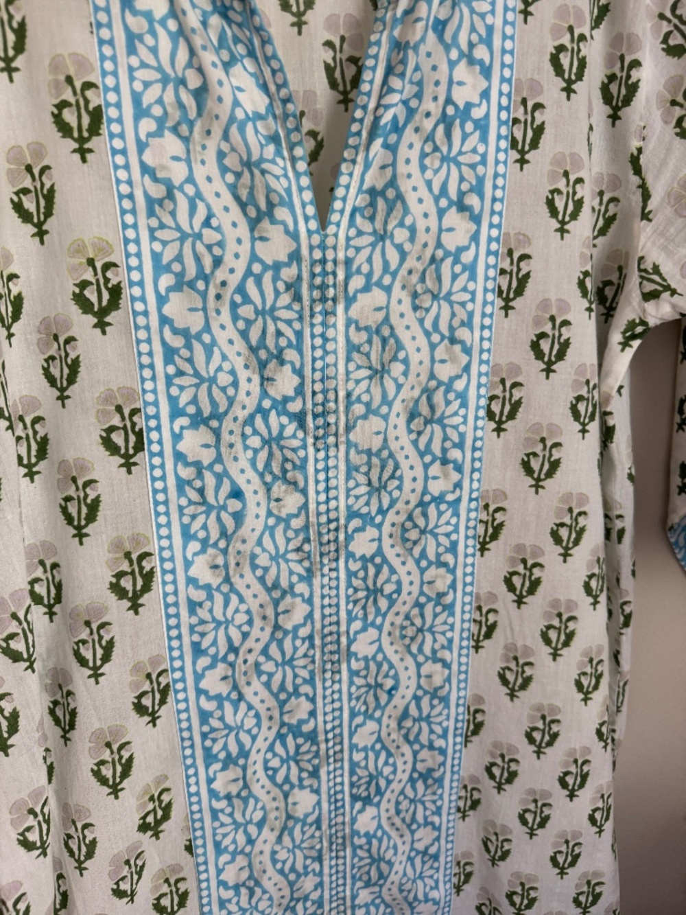 SZ BLOCKPRINTS, LONG KURTA IN LIBERTY PRINT WITH BLUE BORDER FRONT